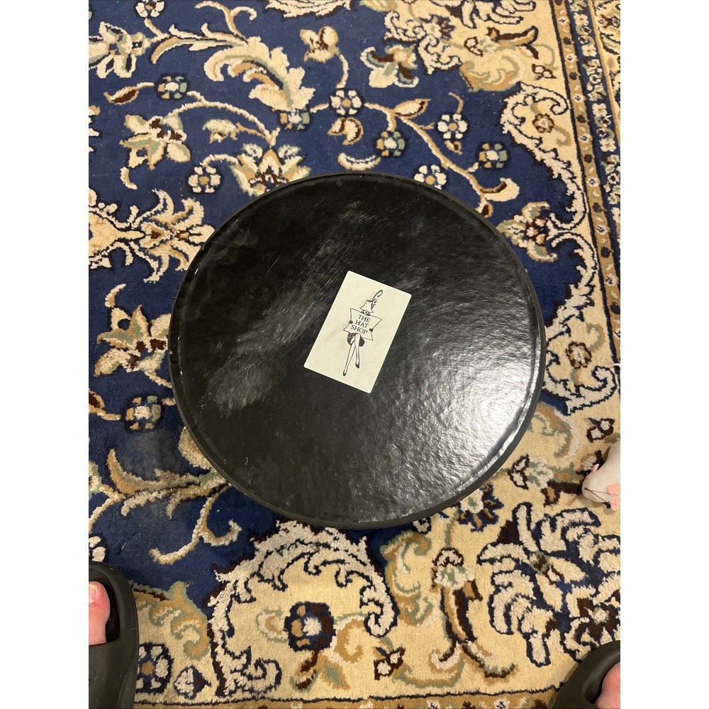 Vintage The Hat Shop Round Black Glossy Hat Box with Braided Cord Handle 13 inch